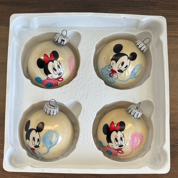 VINTAGE Walt DISNEY Baby MICKEY & MINNIE MOUSE Set 4 Glass Ball Ornaments BOX - Picture 4 of 13